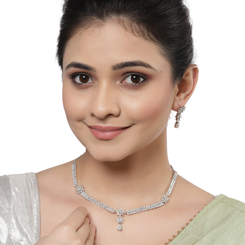 Rhodium-Plated with Silver-Toned Floral Design White American Diamond Studded Jewellery Set