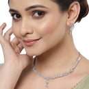 Rhodium-Plated with Silver-Toned Floral Design White American Diamond Studded Jewellery Set