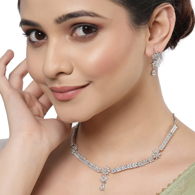 Rhodium-Plated with Silver-Toned Floral Design White American Diamond Studded Jewellery Set