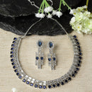 Rhodium-Plated Navy Blue Round Shape American Diamonds Studded Necklace & Earrings