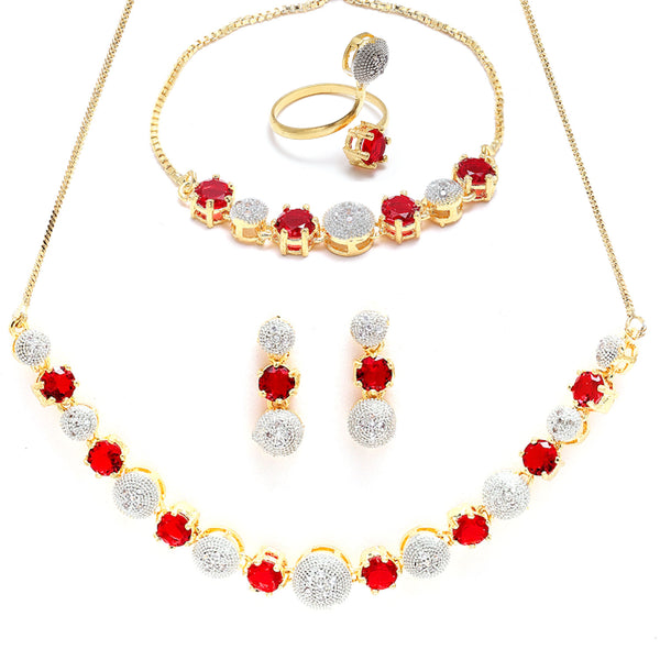 Gold-Plated Red & White American Diamond-Studded Jewellery Set Combo
