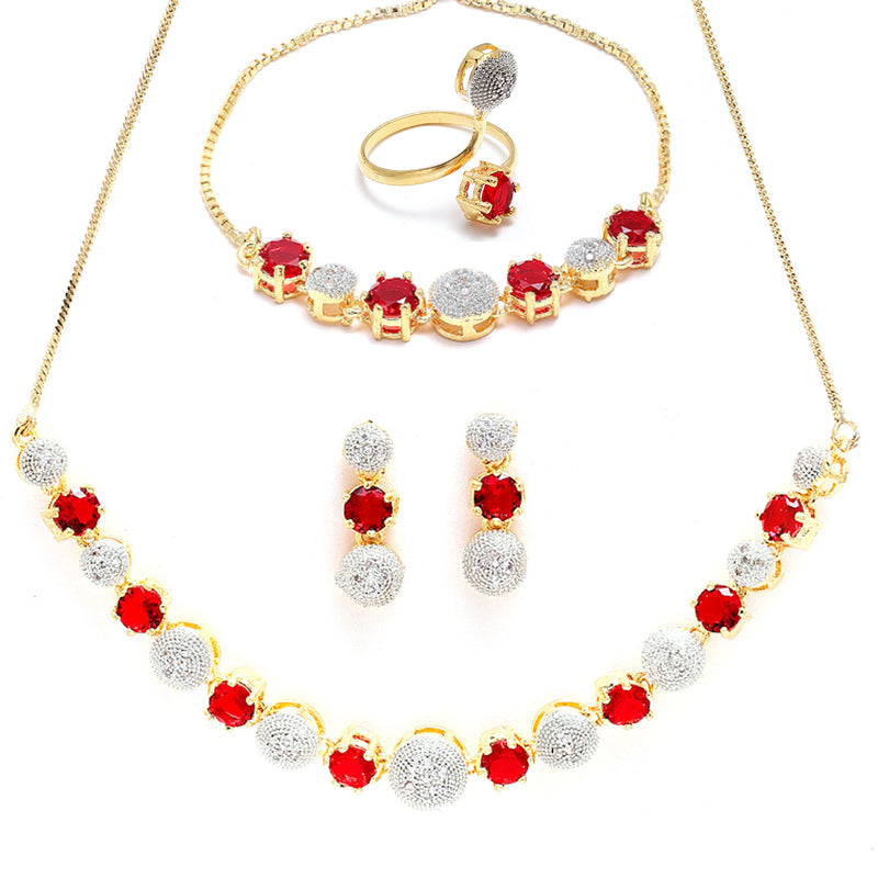 Gold-Plated Red & White American Diamond-Studded Jewellery Set Combo