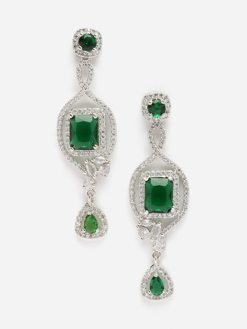 Rhodium-Plated Green American Diamond studded Square Shaped Handcrafted Drop Earrings