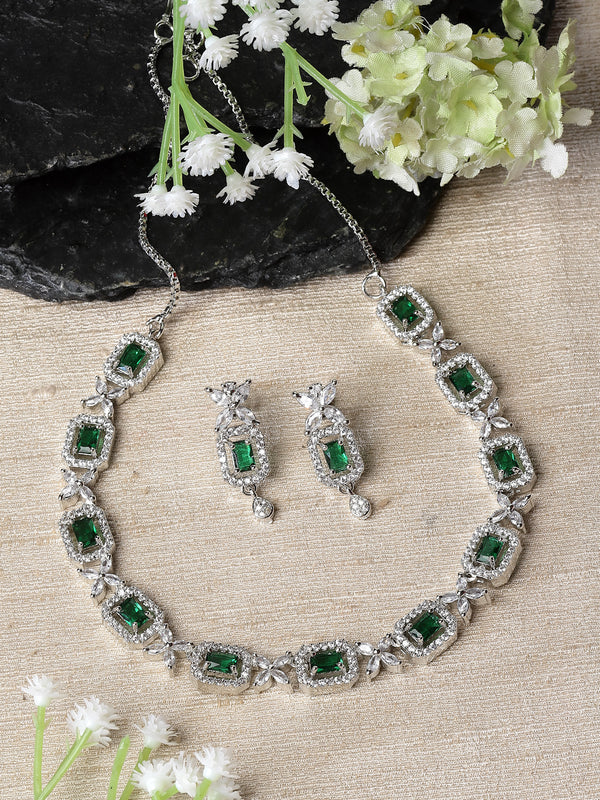 Rhodium-Plated Green American Diamonds Studded Cubical Necklace & Earrings Jewellery Set