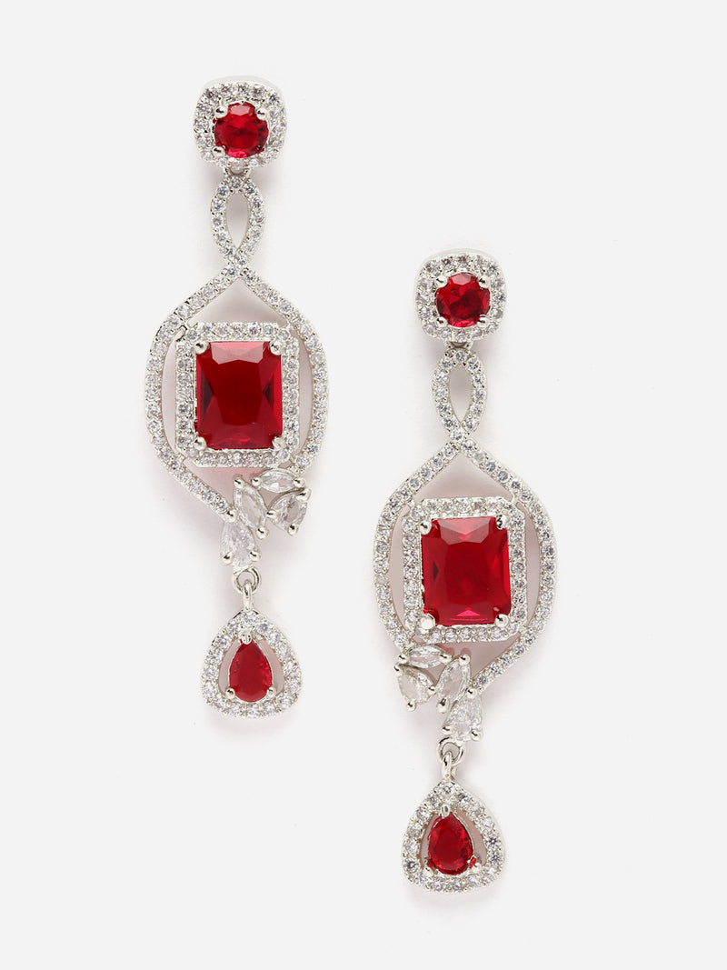 Rhodium-Plated Red American Diamond studded Square Shaped Handcrafted Drop Earrings