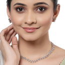 Rhodium-Plated with Silver-Toned Leaf Design White American Diamond Studded Jewellery Set