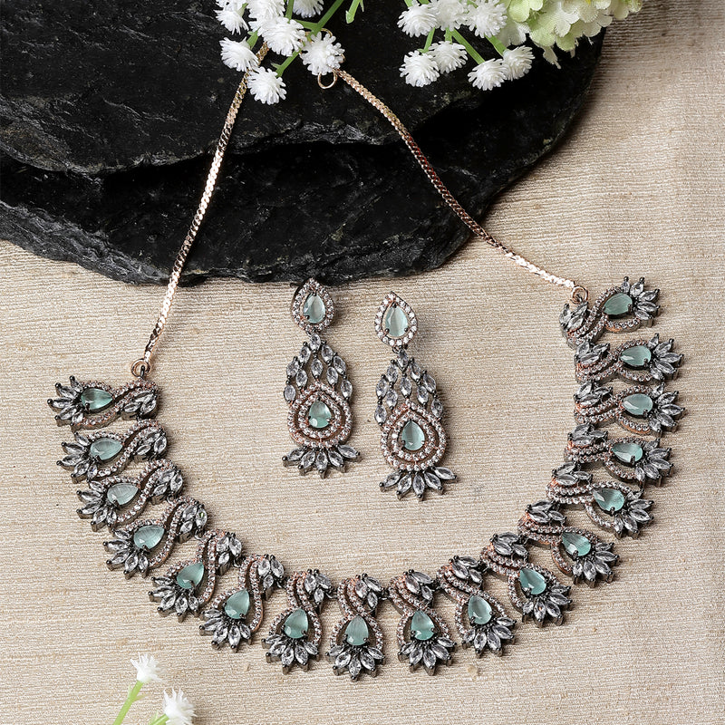 Rose Gold-Plated Gunmetal Toned Sea Green American Diamond Studded Traditional Touch Necklace & Earrings Jewellery Set