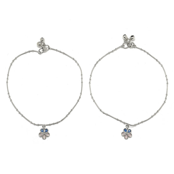 Rhodium Plated Silver Toned Flower Shaped Blue & White Cubic Zirconia studded Charm Anklets