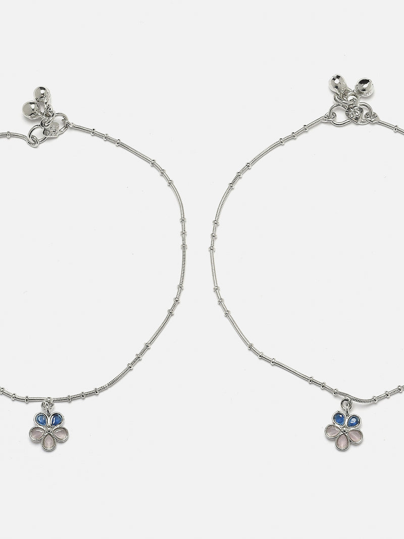 Set Of 2 Rhodium-Plated Silver Toned Pink & Navy Blue Artificial Stones studded Floral Charm Anklets