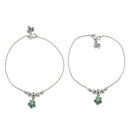Rhodium Plated Silver Toned Flower Shaped Emerald Green Cubic Zirconia studded Charm Anklets
