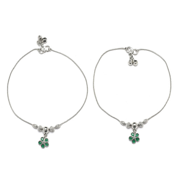 Rhodium Plated Silver Toned Flower Shaped Emerald Green Cubic Zirconia studded Charm Anklets