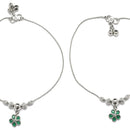Rhodium Plated Silver Toned Flower Shaped Emerald Green Cubic Zirconia studded Charm Anklets