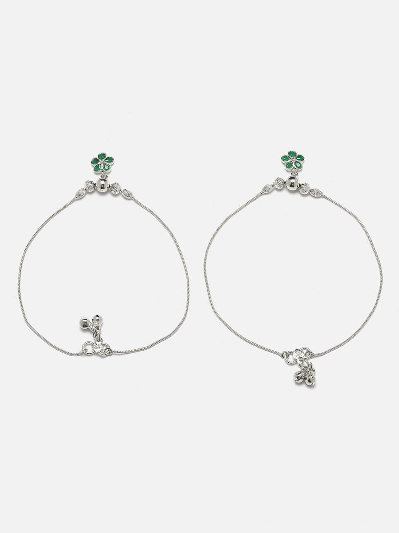 Set Of 2 Rhodium-Plated Silver Toned Green Artificial Stones studded Floral Charm Anklets