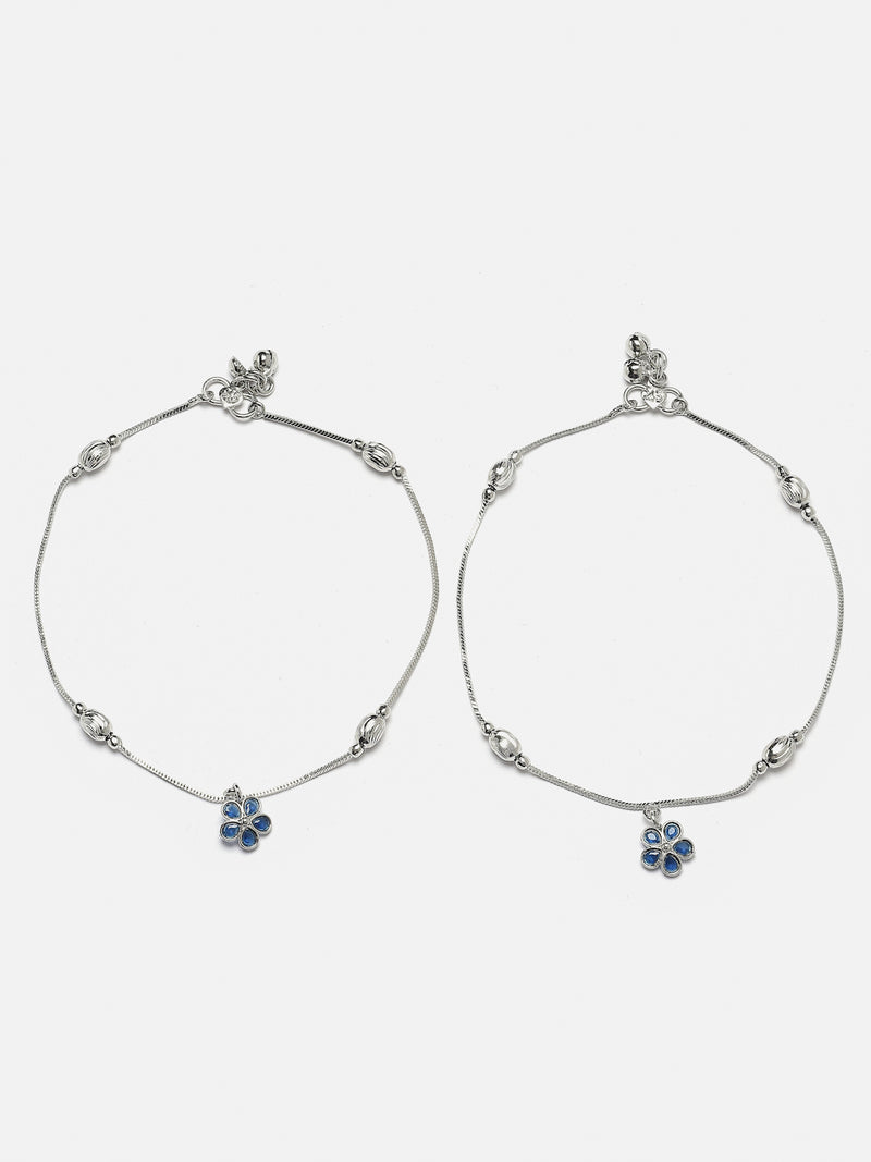 Set Of 2 Rhodium-Plated Silver Toned Navy Blue Artificial Stones studded Floral Charm Anklets