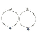 Rhodium Plated Silver Toned Flower Shaped Royal Blue Cubic Zirconia studded Charm Anklets