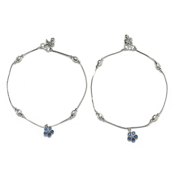 Rhodium Plated Silver Toned Flower Shaped Royal Blue Cubic Zirconia studded Charm Anklets