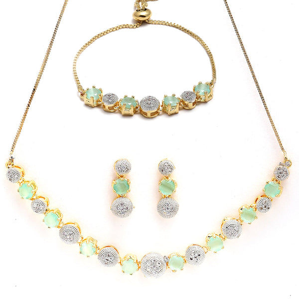 Gold-Plated White & Green American Diamond-Studded Handcrafted Jewellery Set Combo