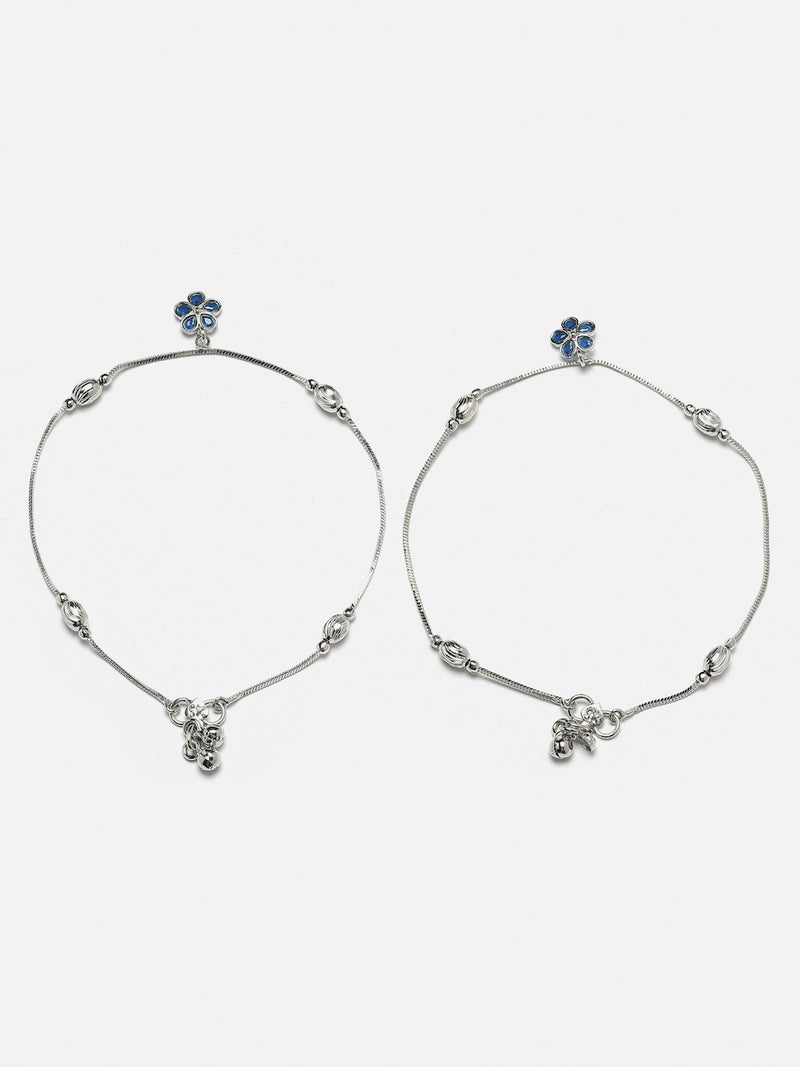 Set Of 2 Rhodium-Plated Silver Toned Navy Blue Artificial Stones studded Floral Charm Anklets