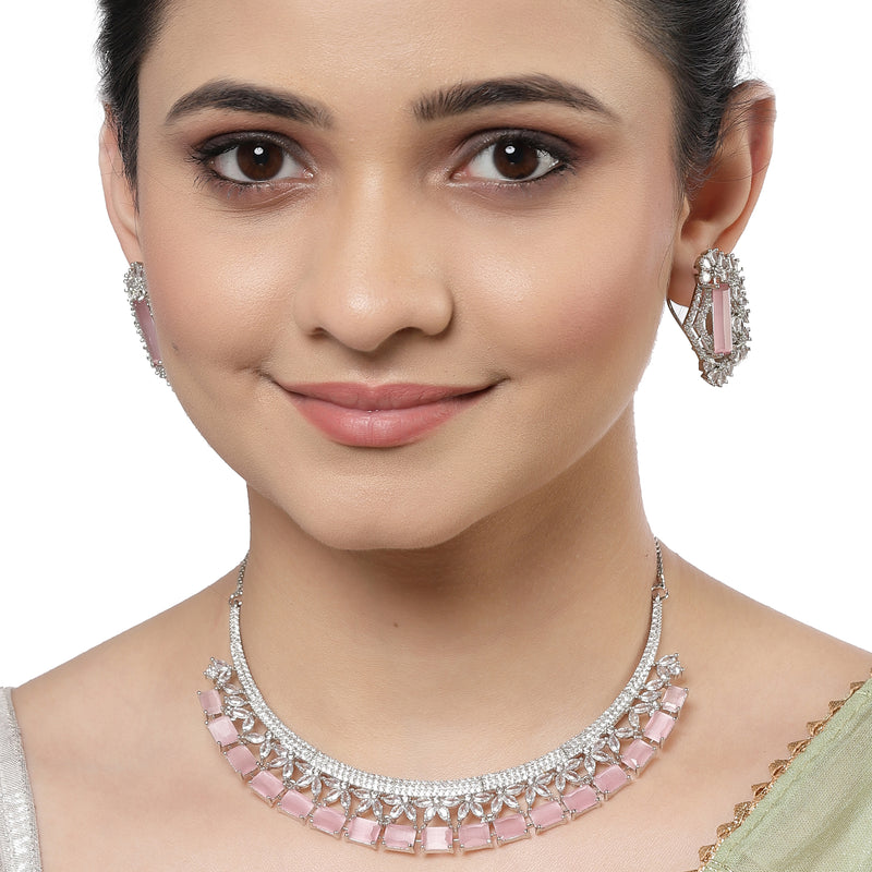 Rhodium-Plated with Silver-Toned White and Pink American Diamond Studded Jewellery Set