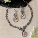 Rose Gold-Plated Gunmetal Toned White American Diamond Studded Teardrop & Floral Shape Jewellery Set