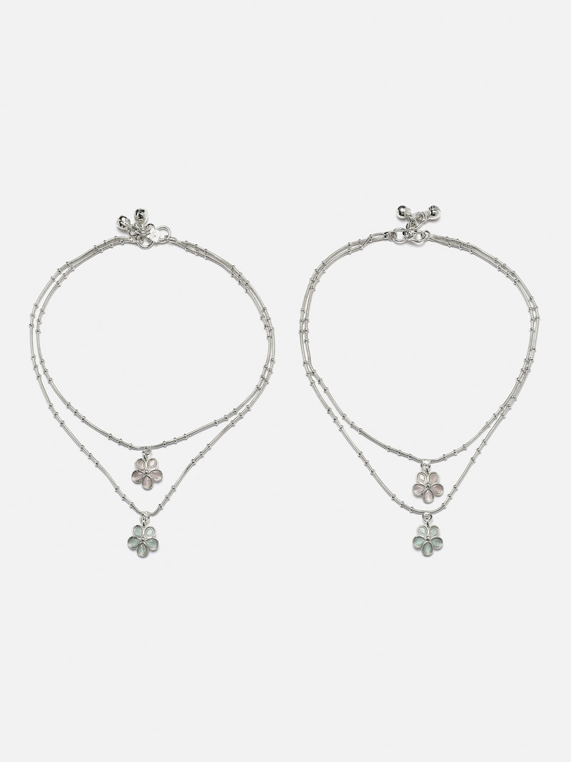 Set Of 2 Rhodium-Plated Silver Toned Pink & Sea Green Artificial Stones studded Floral Charm Anklets