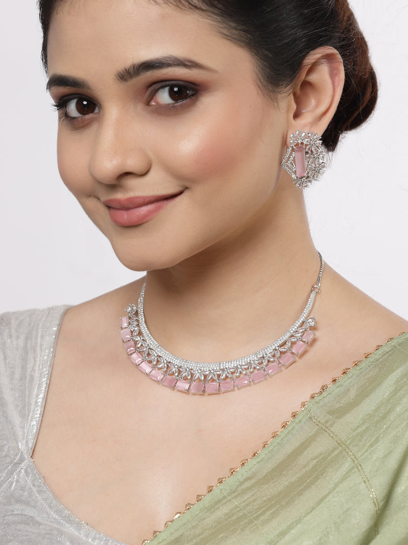Rhodium-Plated with Silver-Toned White and Pink American Diamond Studded Jewellery Set