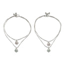 Rhodium Plated Silver Toned Flower Shaped Pink & Sea Green Cubic Zirconia Stone Studded Charm Anklets