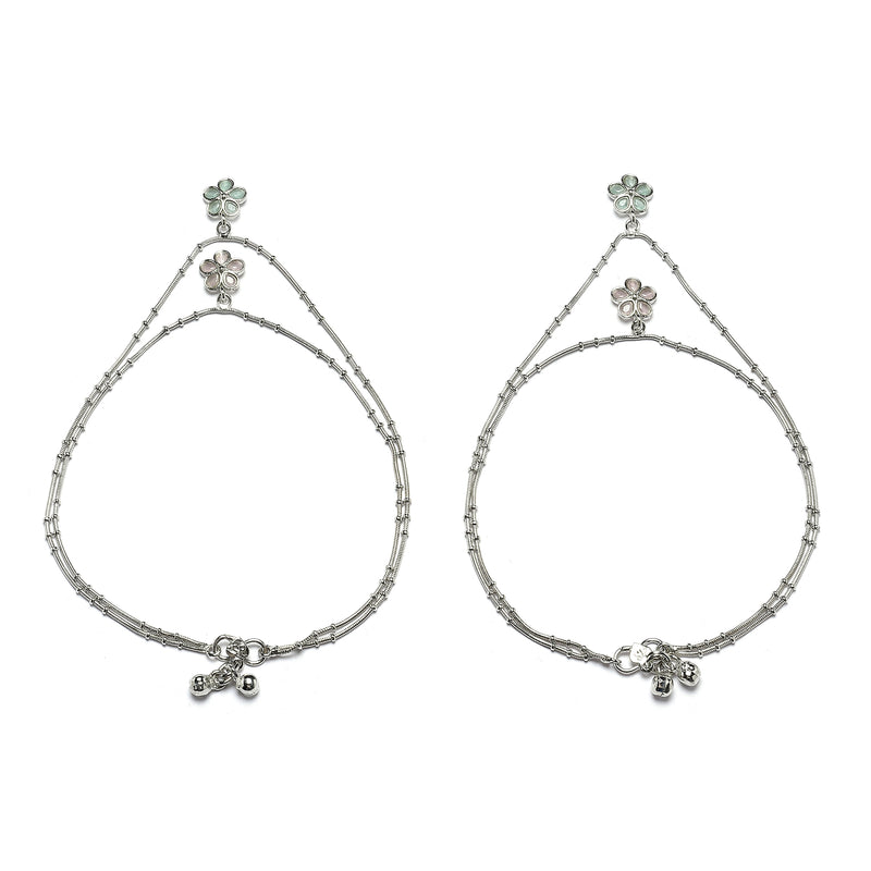 Rhodium Plated Silver Toned Flower Shaped Pink & Sea Green Cubic Zirconia Stone Studded Charm Anklets