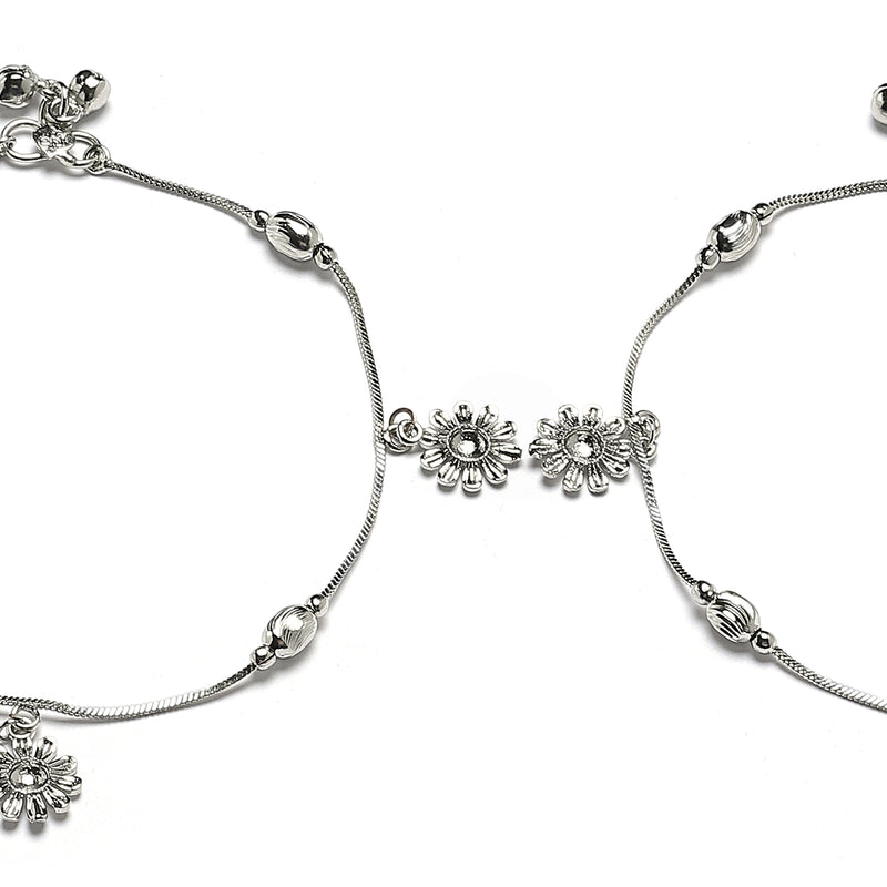 Rhodium Plated Silver Toned Flower Shaped White Cubic Zirconia Stone Studded Charm Anklets