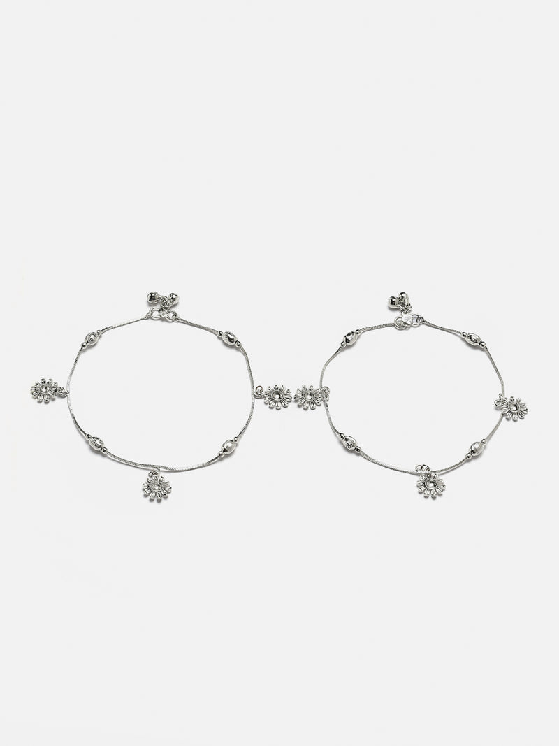 Set Of 2 Rhodium-Plated Silver Toned White Artificial Stones studded Floral Charm Anklets