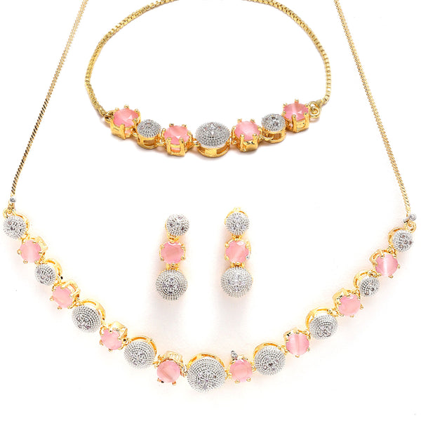 Gold-Plated Silver-Toned Pink & White American Diamond Studded & Beaded Jewellery Set Combo