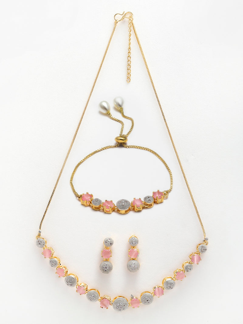 Gold-Plated Silver-Toned Pink & White American Diamond Studded & Beaded Jewellery Set Combo