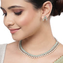 Rhodium-Plated with Oxidized Silver-Toned Sea Green Cubic Zirconia Stone Studded & White Pearl Beaded Necklace and Earrings Jewellery Set
