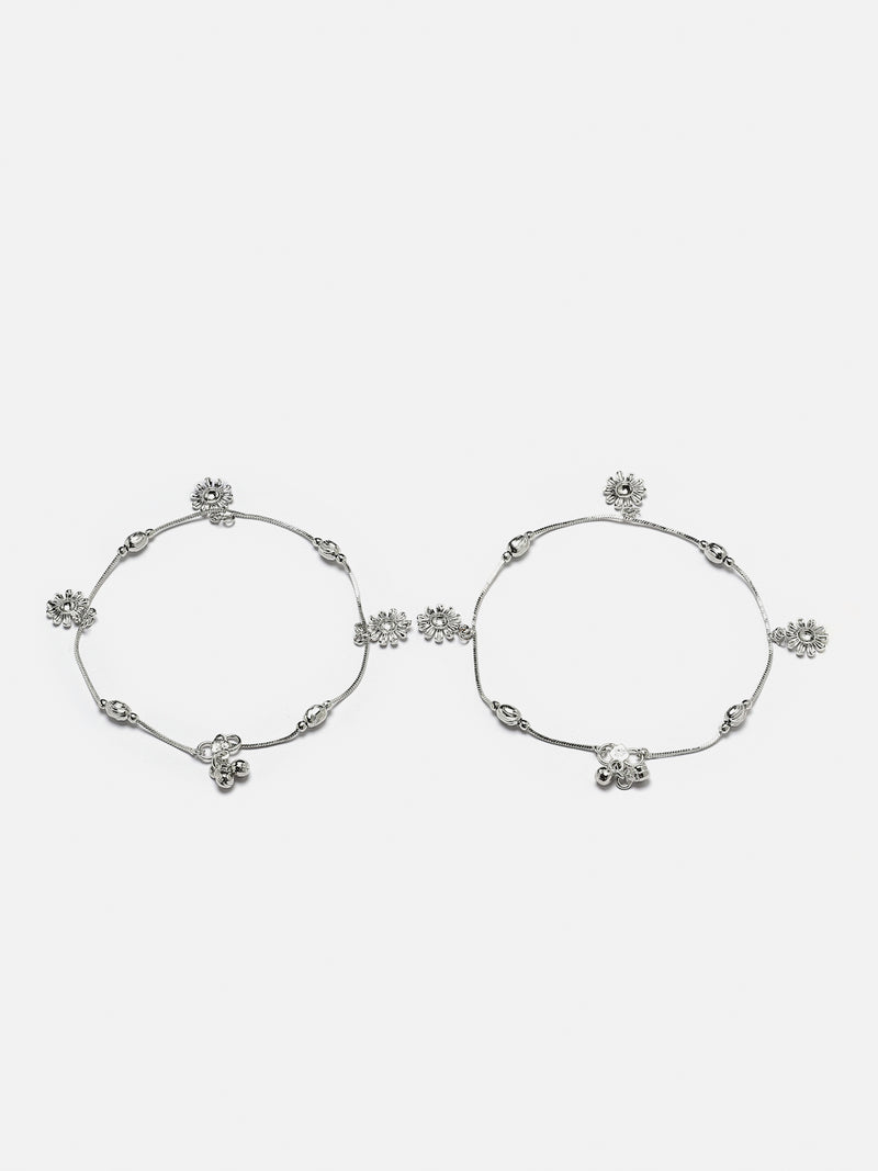 Set Of 2 Rhodium-Plated Silver Toned White Artificial Stones studded Floral Charm Anklets