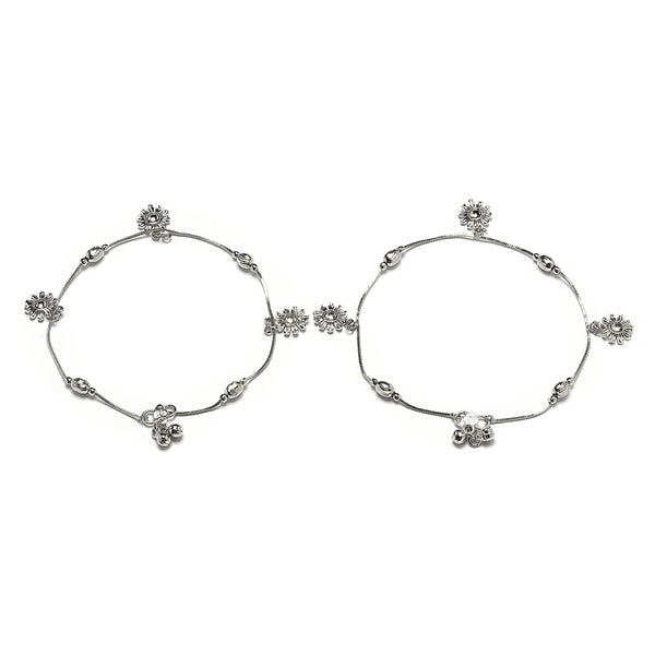 Rhodium Plated Silver Toned Flower Shaped White Cubic Zirconia Stone Studded Charm Anklets