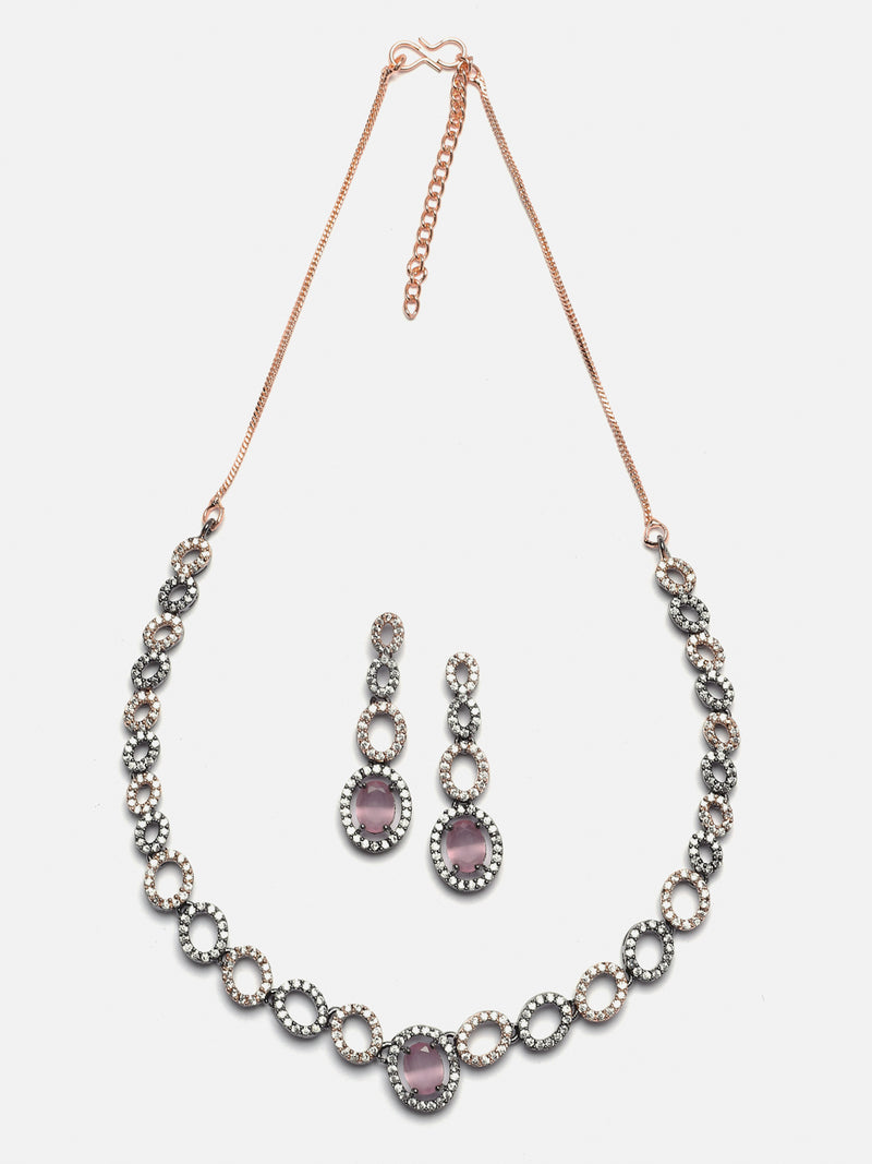 Rose Gold-Plated Gunmetal Toned Pink American Diamonds Studded Ovate Shaped Necklace & Earrings Jewellery Set