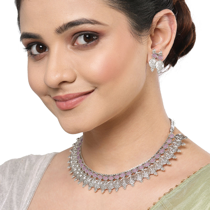 Rhodium-Plated with Oxidised Silver-Plated Pink Artificial Beads Studded & Temple Coin Jewellery Set