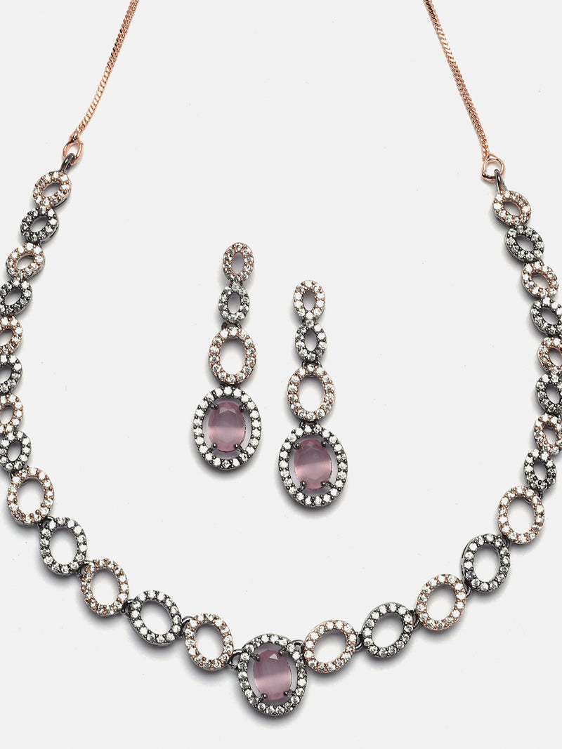 Rose Gold-Plated Gunmetal Toned Pink American Diamonds Studded Ovate Shaped Necklace & Earrings Jewellery Set