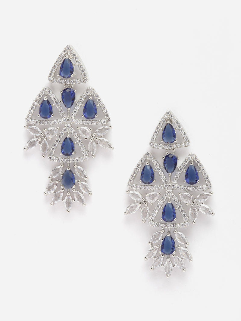 Rhodium-Plated Navy Blue & White American Diamond studded Triangular Shaped Drop Earrings