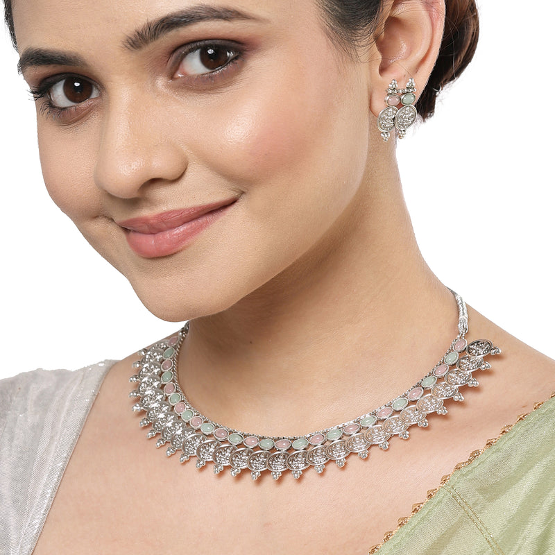 Rhodium-Plated with Oxidised Silver-Plated Pink and Sea Green Artificial Beads Studded & Temple Coin Jewellery Set