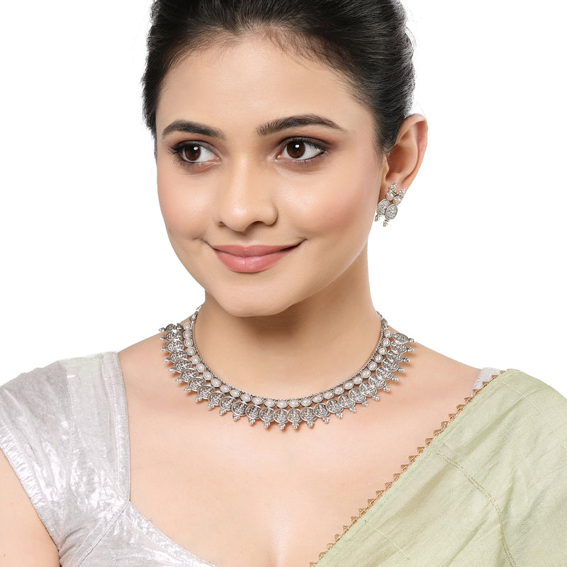 Rhodium-Plated with Oxidised Silver-Plated White Artificial Beads Studded & Temple Coin Jewellery Set