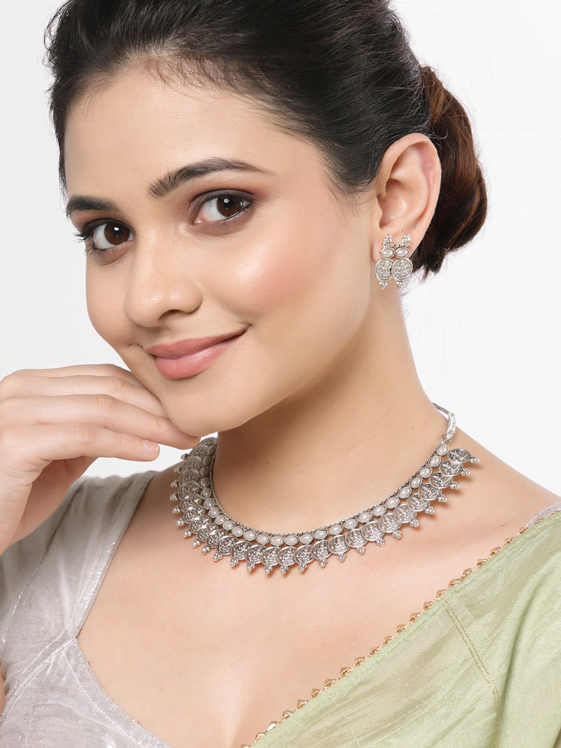 Rhodium-Plated with Oxidised Silver-Plated White Artificial Beads Studded & Temple Coin Jewellery Set