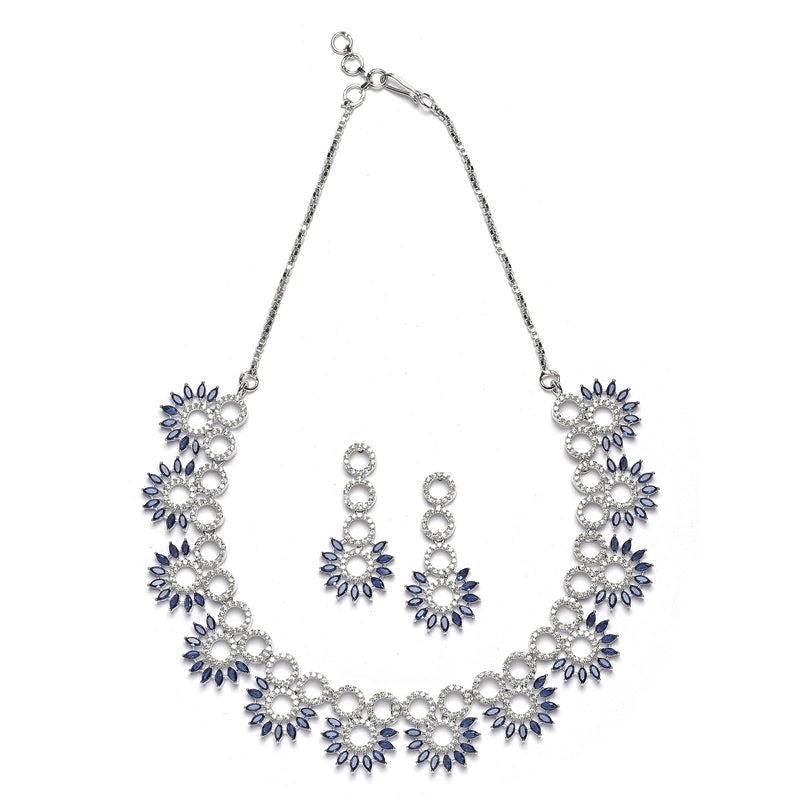Rhodium-Plated Navy Blue American Diamond Studded Classic Necklace with Earrings Jewellery Set