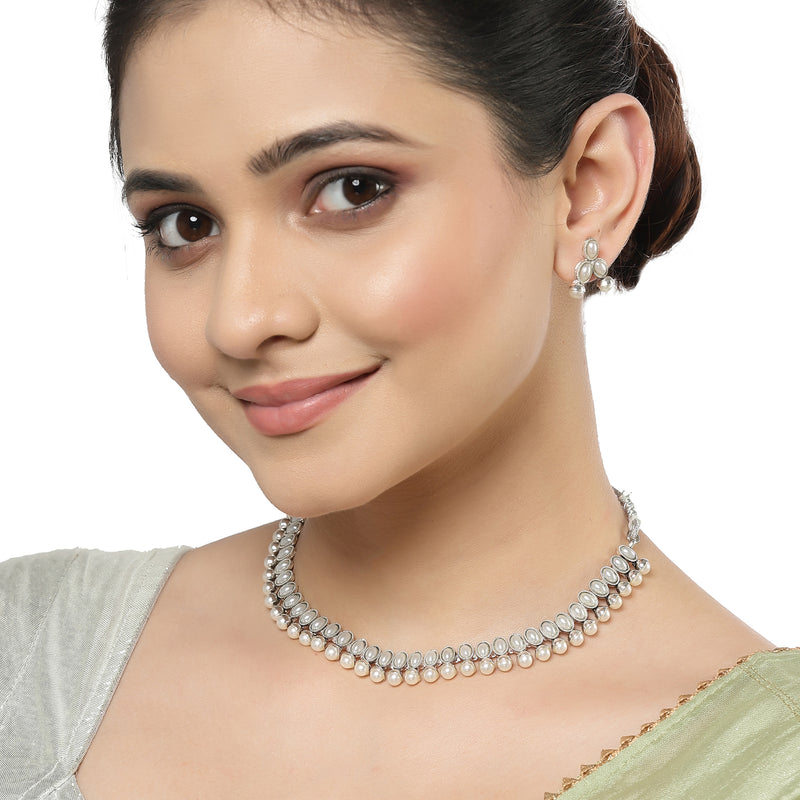 Rhodium-Plated with Oxidized Silver-Toned White Cubic Zirconia Stone Studded & White Pearl Beaded Necklace and Earrings Jewellery Set