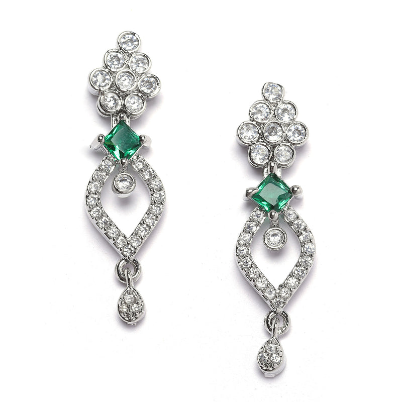 Rhodium-Plated Green American Diamond Studded Floral & Leaf Shaped Necklace with Earrings Jewellery Set
