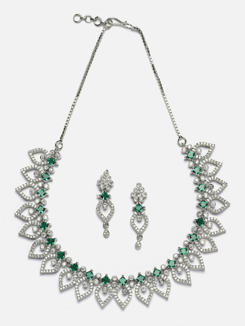 Rhodium-Plated Green American Diamond Studded Floral & Leaf Shaped Necklace with Earrings Jewellery Set