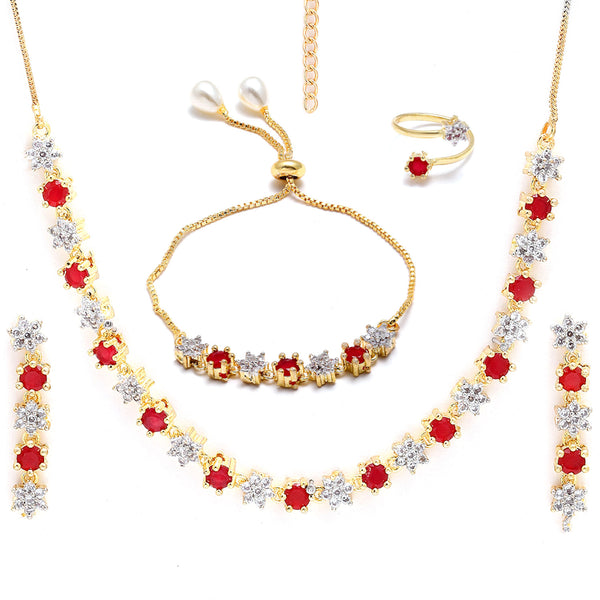 Gold-Plated Red & White American Diamond-Studded Jewellery Set Combo