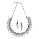Rhodium-Plated Green American Diamond Studded Floral & Leaf Shaped Necklace with Earrings Jewellery Set