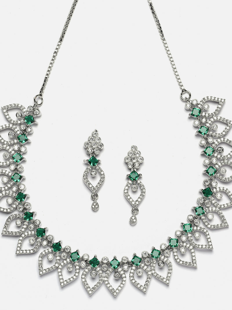Rhodium-Plated Green American Diamond Studded Floral & Leaf Shaped Necklace with Earrings Jewellery Set