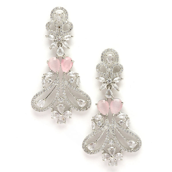 Rhodium-Plated Pink & White American Diamond studded Paisley Shaped Drop Earrings